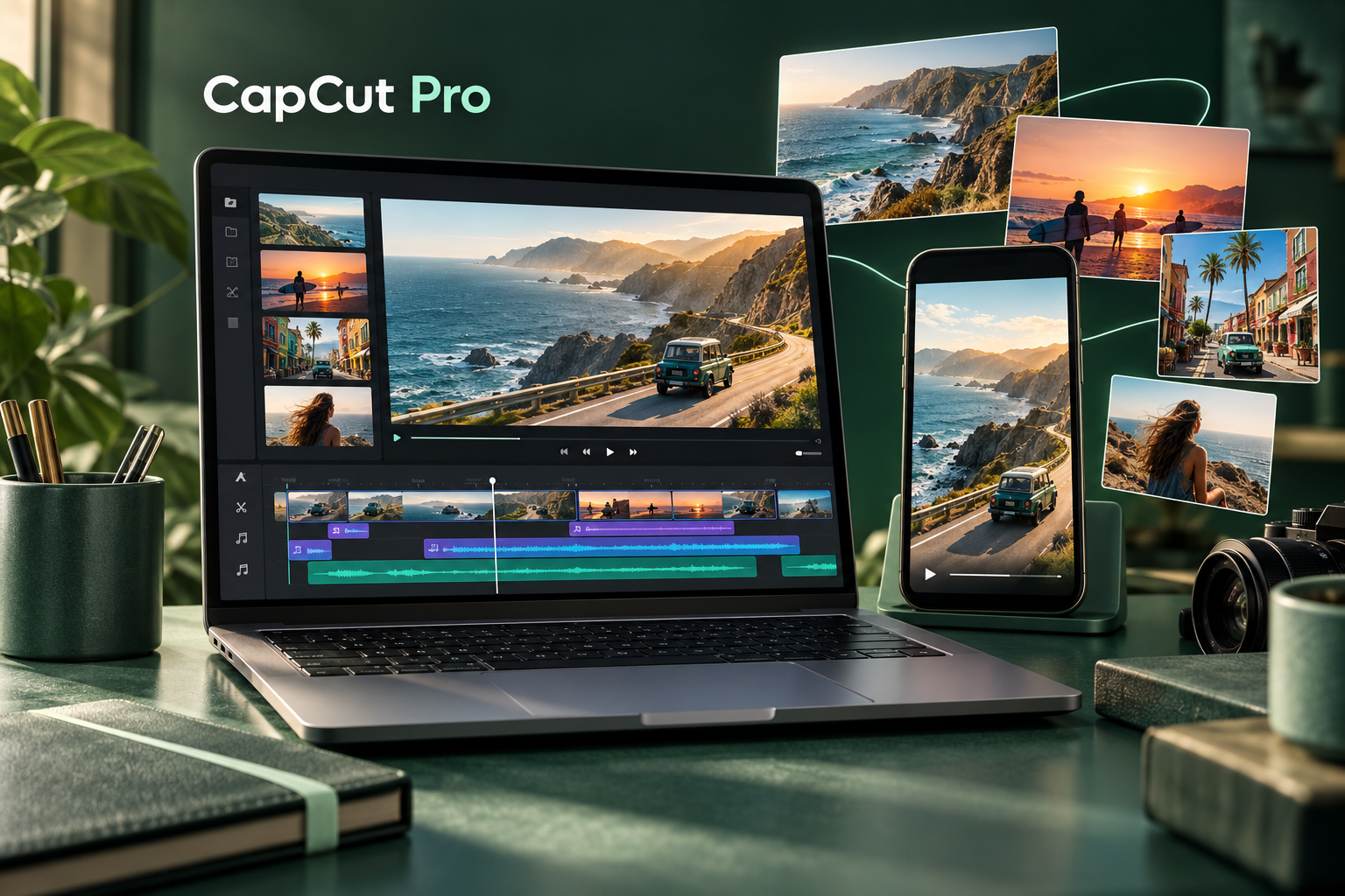 CapCut Pro conceptual video editing workflow on laptop and phone