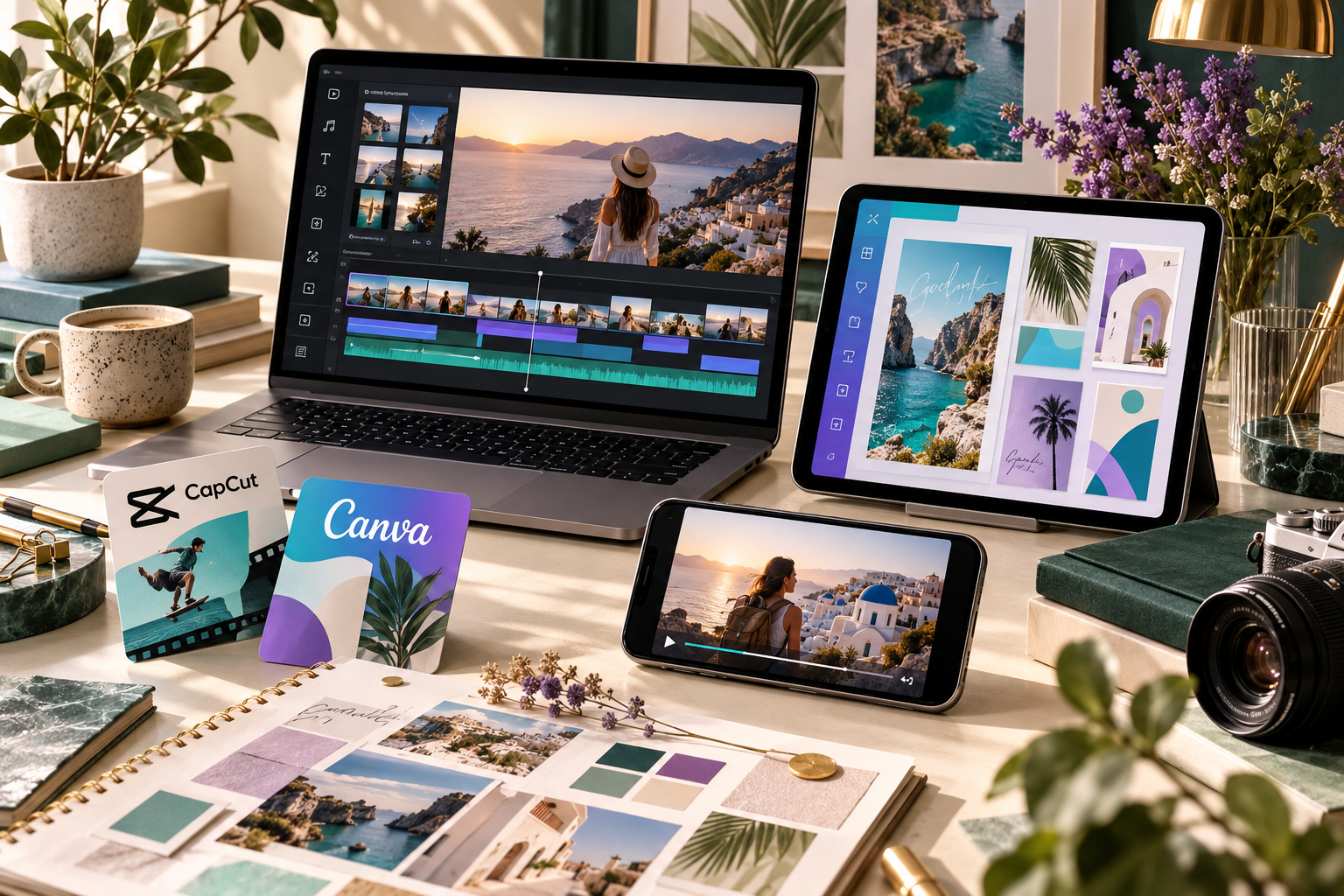 Illustrative CapCut and Canva creative workspace with laptop, tablet and phone