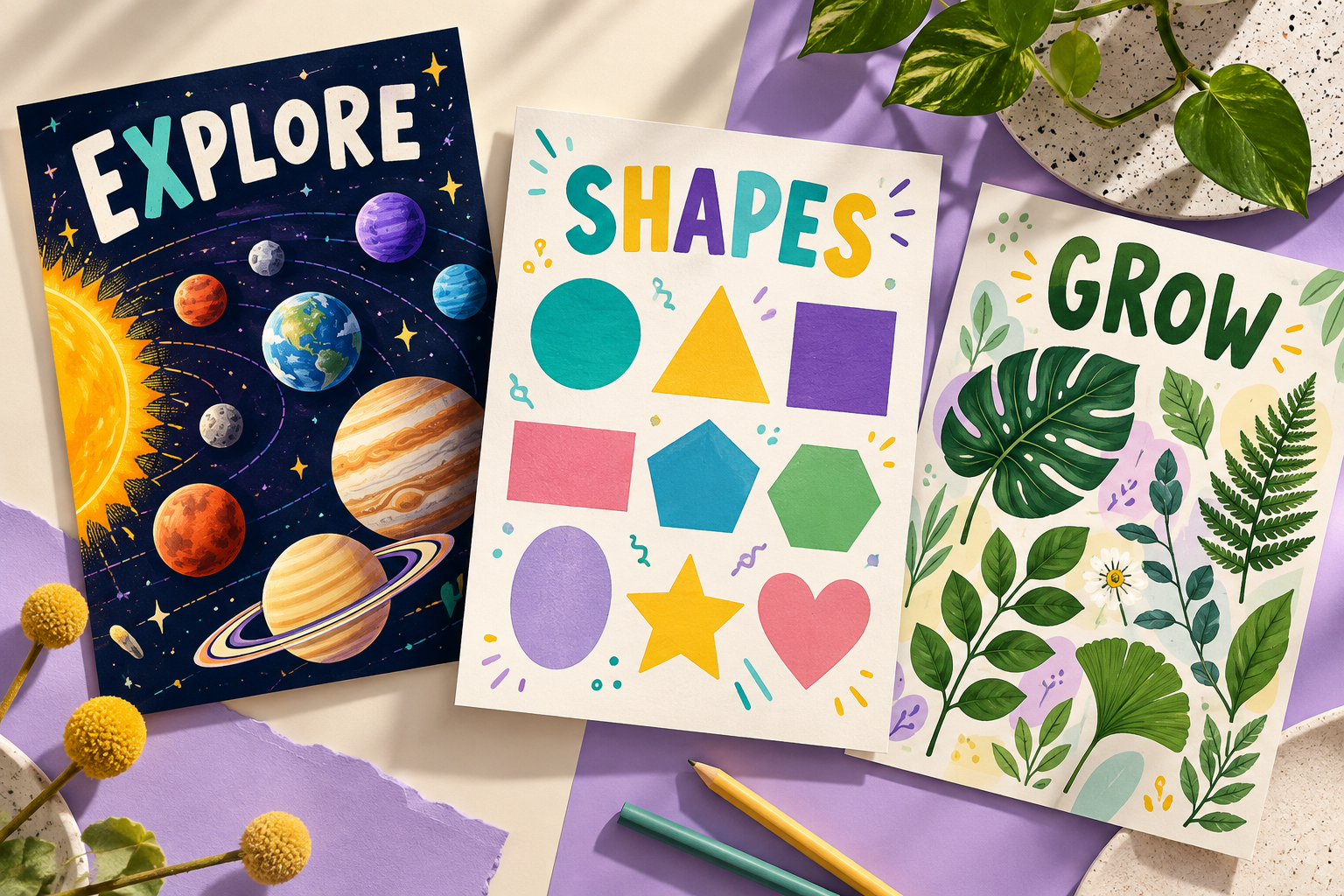 Illustrative space lesson, geometry worksheet and nature learning poster